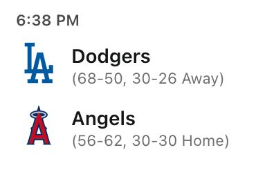 Screenshot from the ESPN MLB scoreboard showing the Dodgers vs Angels with a starting time of 6:38 PM.