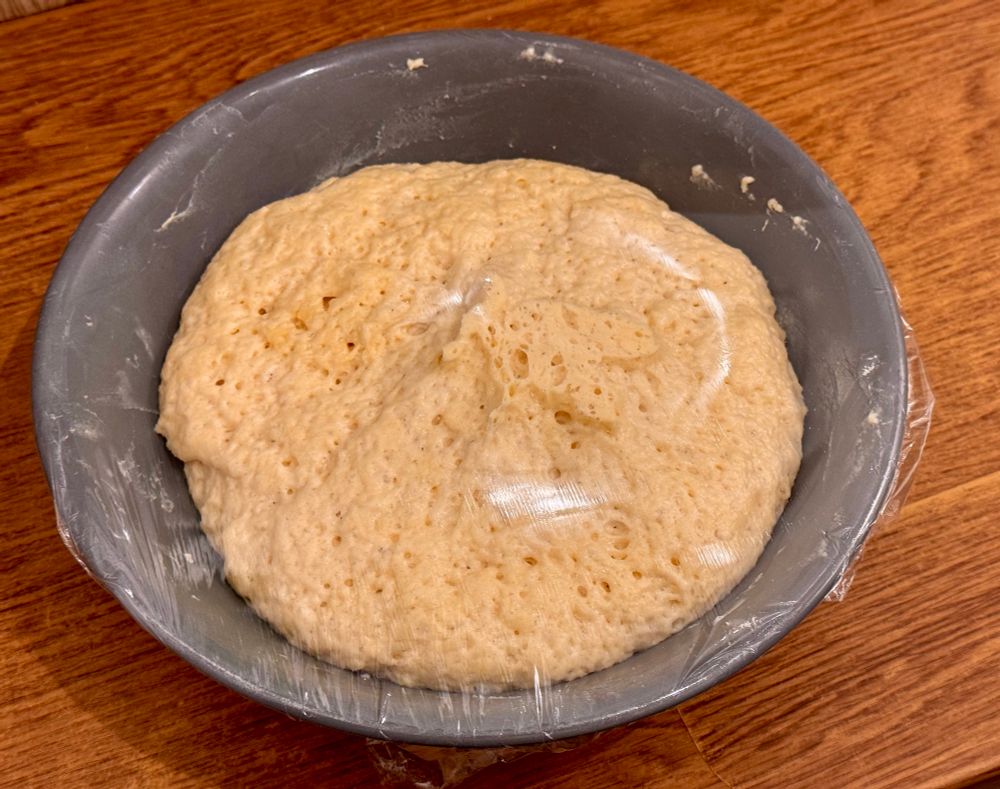 A big airy dough taking all the space in a big bowl.