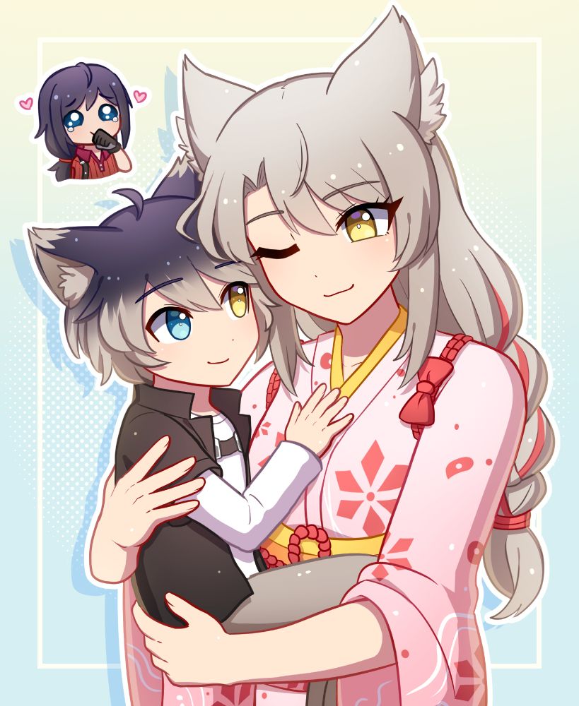 Art by @entiqua.bsky.social of a hypothetical timeskip period of Xenoblade Chronicles 3, showing an older Mio holding her son Ghondor, with genetic traits of both his father Noah and mother unlike in the game, while an older Noah in the background tries not to cry with joy at the adorable visual before him