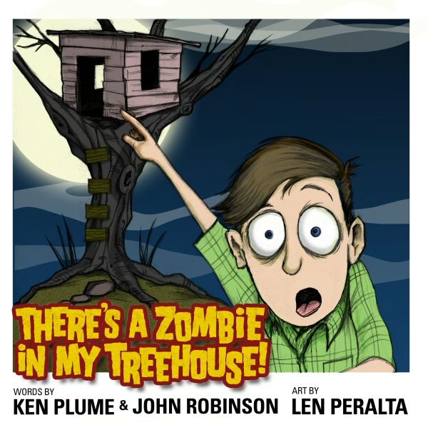Cover image of There's A Zombie In My Treehouse featuring an al;armed  child pointing towards a treehouse framed by a full moon