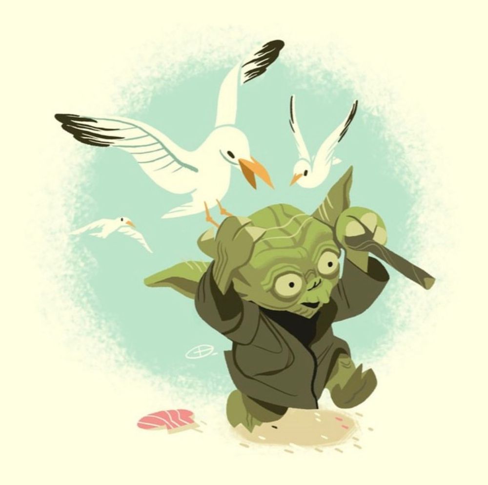 Glen Brogan art of a trio of seagulls attacking a fleeing Yoda, who is valiantly trying to protect his head from the onslaught...