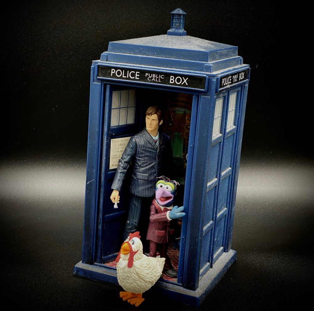 My posed photo of figures of David Tennant’s 10th Doctor, Gonzo, & Camilla emerging from the TARDIS