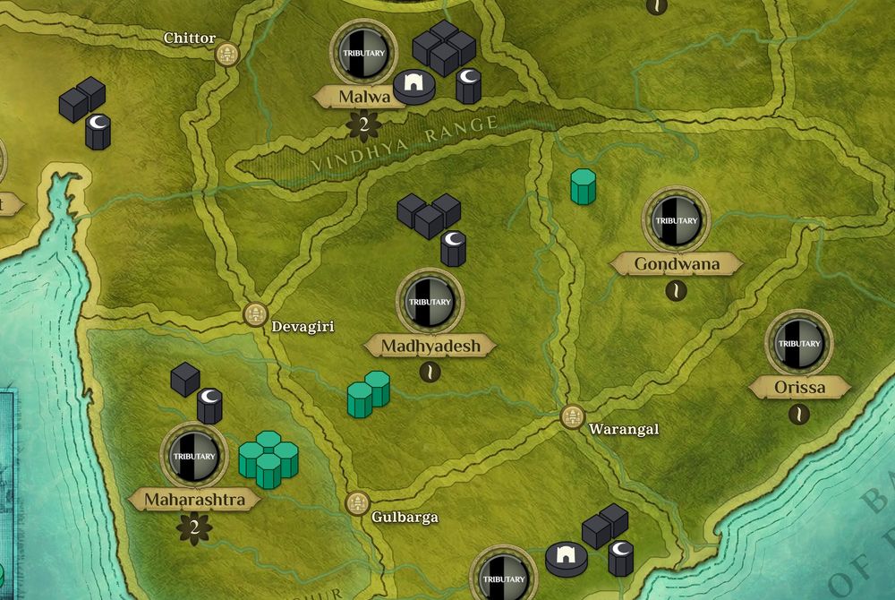 Detail of provinces in central/southern India from the boardgame Vijayanagara: The Medieval Empires of Deccan India 1290-1398. Black cubes throughout represent Delhi Sultanate troops, cylinders with crescent moon represent Sultanate governors, and discs show presence of Qasbahs. A number of green cylinders are also present in three regions, showing Bahmani Kingdom nobles who are compliant (for now). 