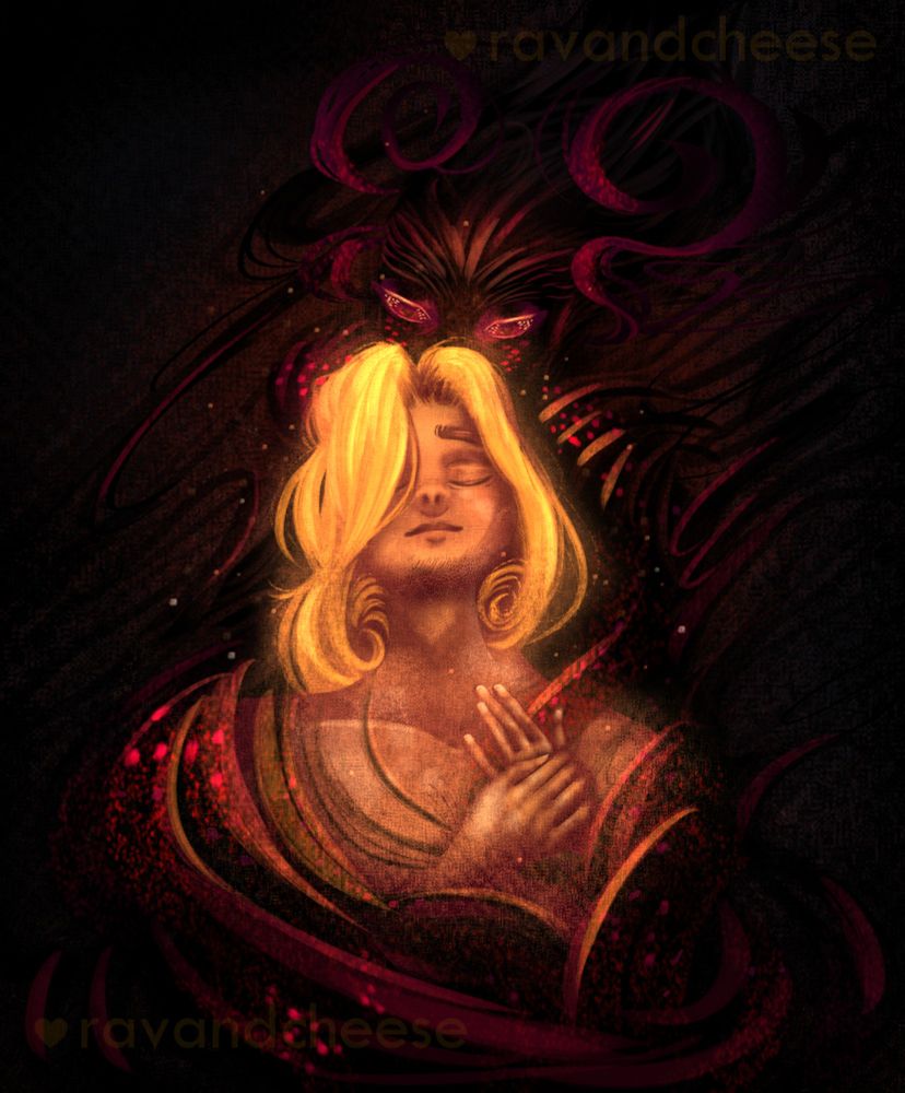 A classical-painting-like artwork of Maho embracing Merit with his wispy frame. Merit is given a soft, golden glow, symbolically portraying his role in his lover's life. His glow reflects off the more tangible parts of Maho's body into reds and golds.