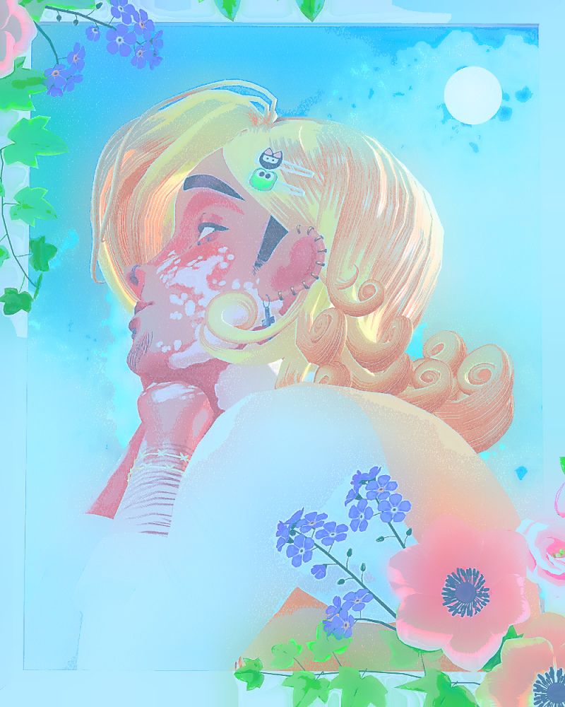This is a soft render of my OC Merit happily pondering. A beautiful, clear sky serves as the backdrop, and a flowery frame encapsulates the pleasant nature of this artwork.