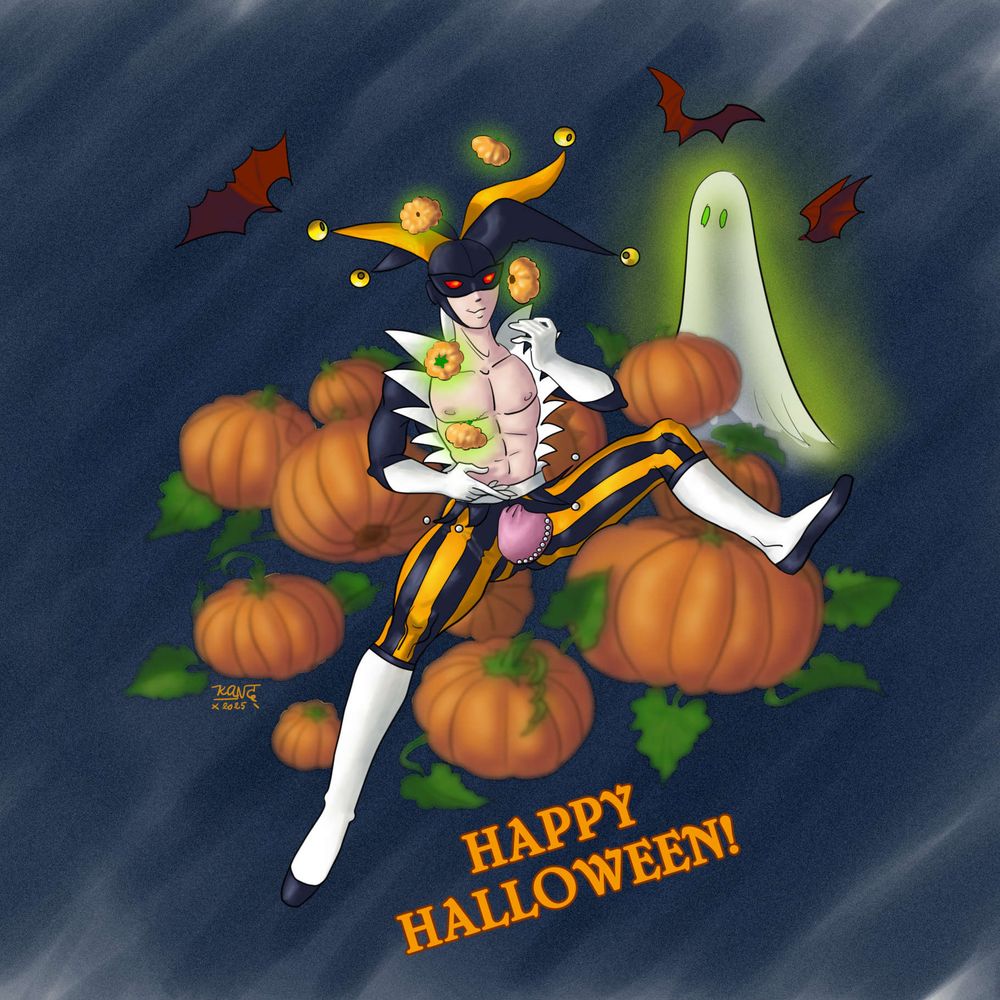 Digital illustration. A jester, seated among pumpkins, juggles small pumpkins. Behind him, a classic ghost draped in a white shroud bathed in a greenish light, and small bats. Dark blue-grey background.