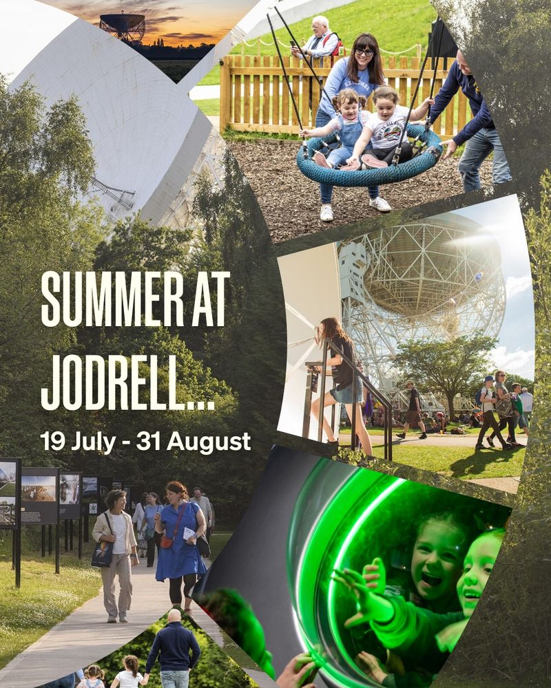 A selection of photos of families enjoying the outdoors at a leafy green Jodrell Bank, captioned: 'Summer at Jodrell... 19 July - 31 August.'