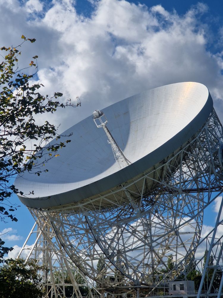 A photo of the Lovell Telescope in October sun, framed by autumn leaves. The sun is reflecting off the dish.