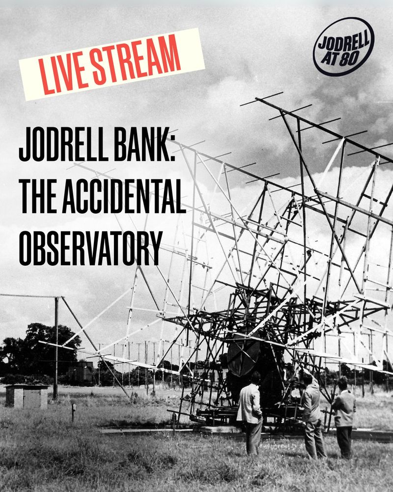 A black and white photo of the site with various aerials and trailers, c. summer 1948.  Caption reads: 'Jodrell Bank: The Accidental Observatory / Jodrell at 80 / Livestream.'