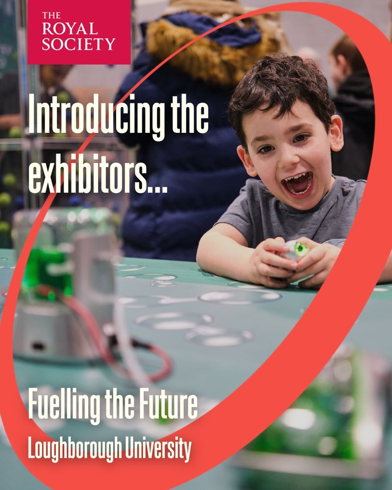 A photo of a child playing with a green tech exhibit, captioned: 'Introducing the exhibitors... Fuelling the Future, Loughborough University.'