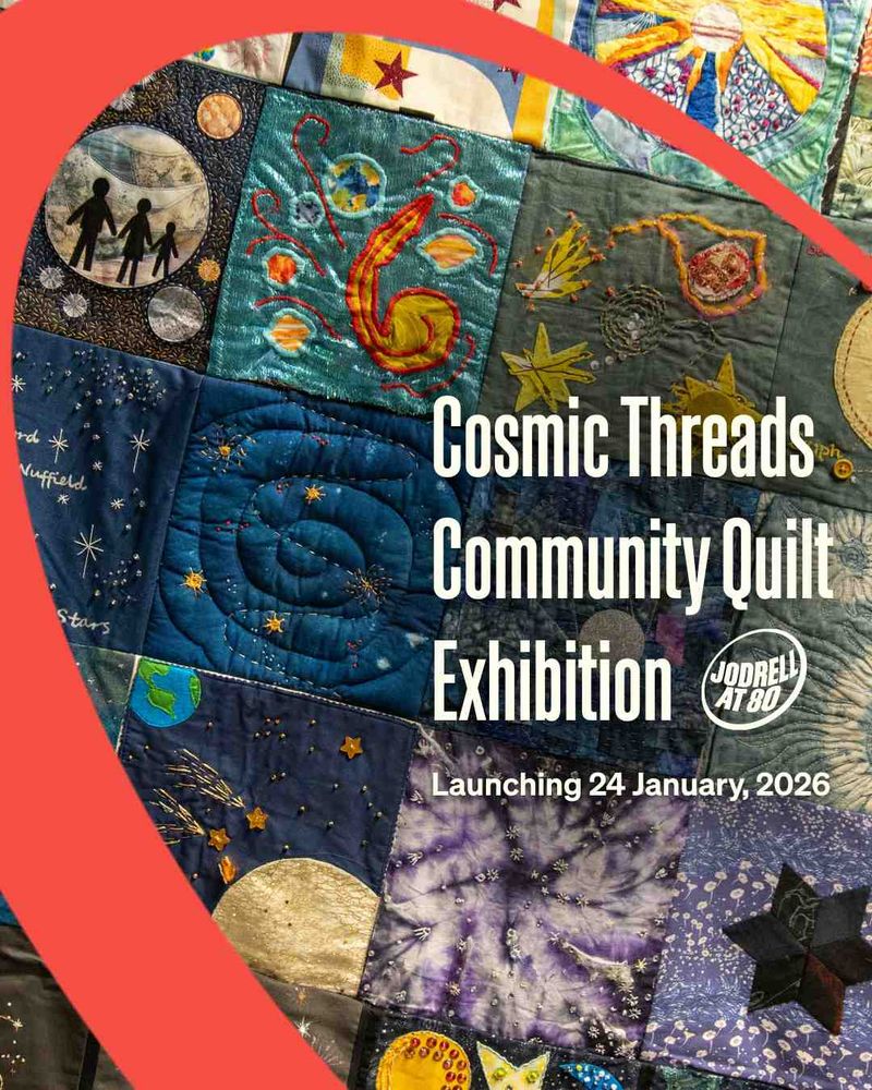 A snapshot of the community quilt, featuring panels depicting scenes from space, captioned: 'Cosmic Threads Community Quilt Exhibition. Launching 24 January, 2026.'