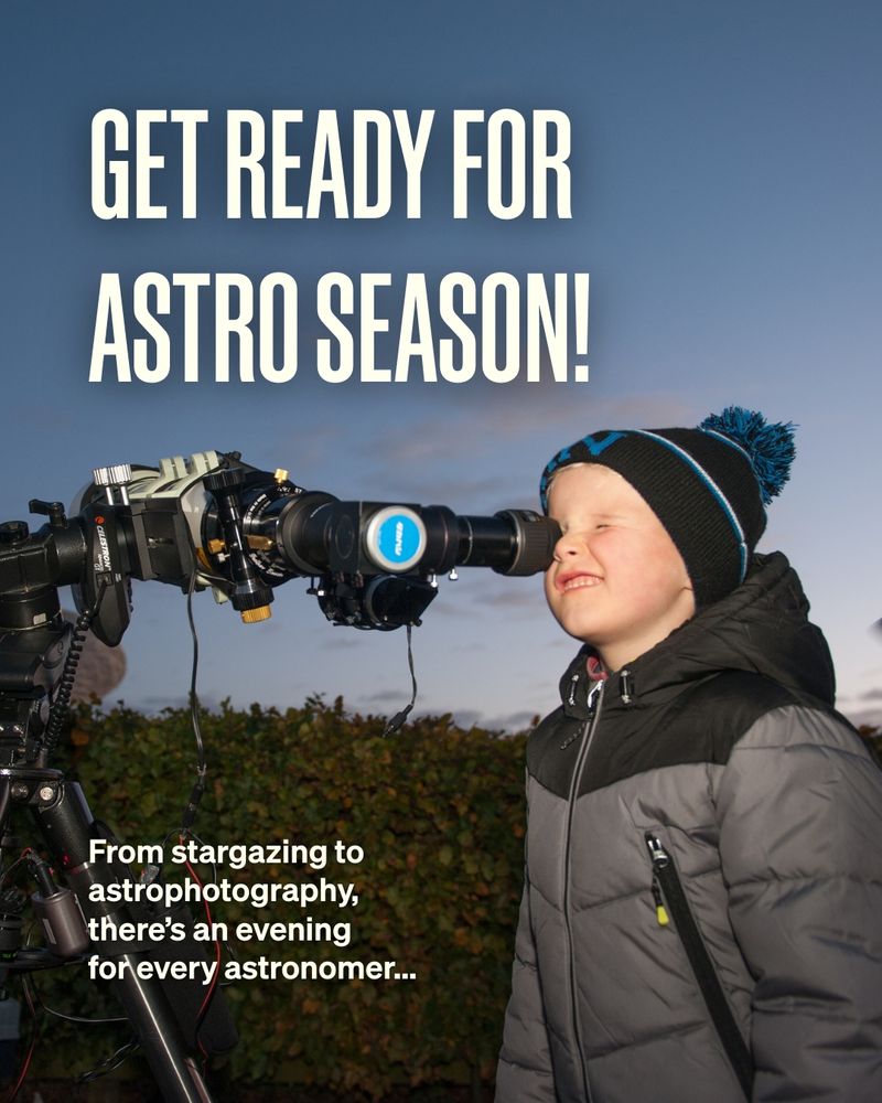 A photo of a boy in a blue bobble hat looking into a telescope, captioned: 'Get ready for astro season! From stargazing to astrophotography, there's an evening for every astronomer...'