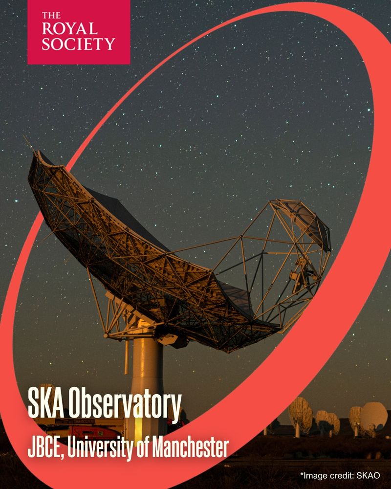 A photo of a telescope captioned: 'SKA Observatory, JBCE, University of Manchester.'