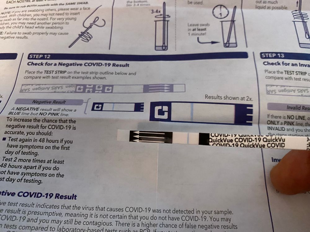 At-home COVID test strip with just one blue line indicating a negative test result. I'm holding it above the section of the instruction leaflet that shows how to test for a negative result.

This is my first COVID test because this is the worst I've felt since the pandemic began. I've had a dry cough and periods of extreme fatigue since Sunday. Both symptoms have subsided, but I'm still having coughing bouts that can last a few minutes, overall.