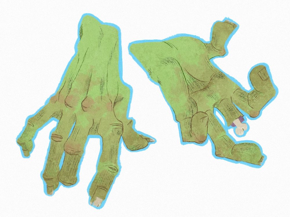 Digital illustration of two twisted, gnarled, green, cartoon zombie hands. The hand on the right is missing the middle finger, exposing the bone.