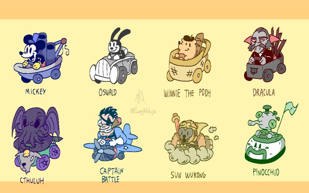 Mickey, Oswald the lucky rabbit, Pooh, Dracula, Cthuluh, Captain Battle, Sun Wukong and Pinocchio in little vehicles