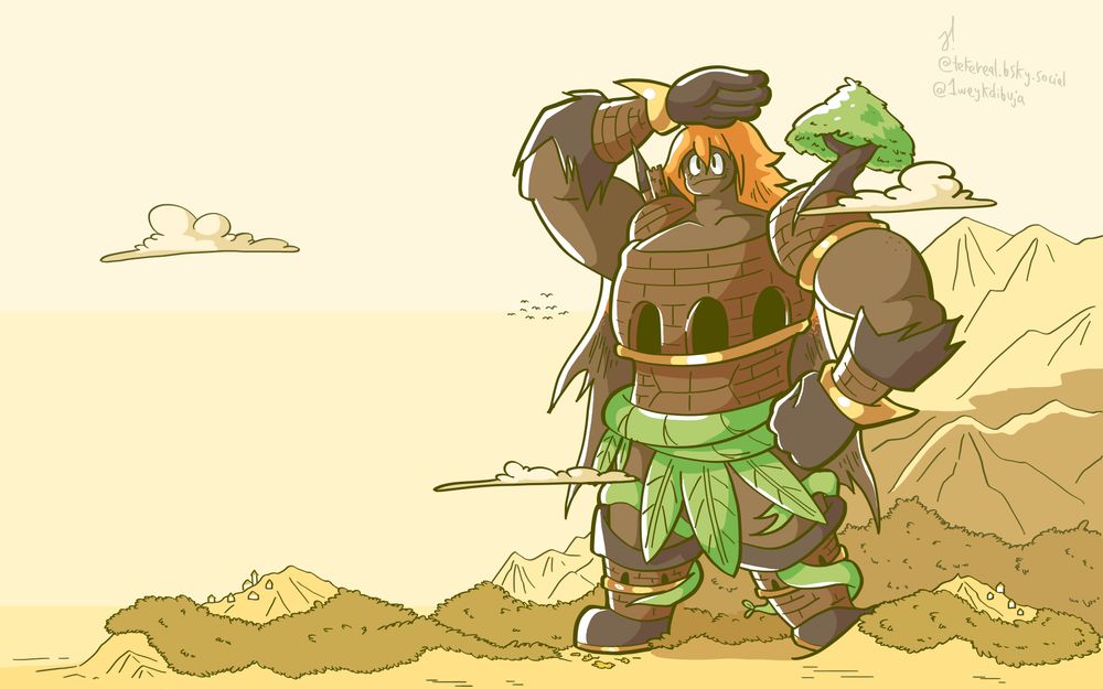 A giant stone lady with a tree growing in her shoulder and wearing armor that resembles a fortress, standing next to some mountains and looking into the distance