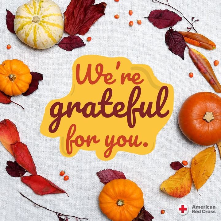 We're grateful for yo" surrounded by small pumpkins and scattered red leaves, with the American Red Cross logo at the bottom.