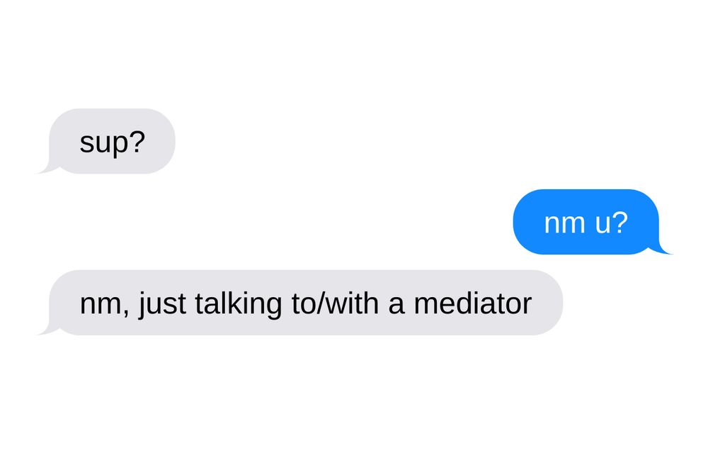 A: sup?
B: nm u?
A: nm, just talking to/with a mediator