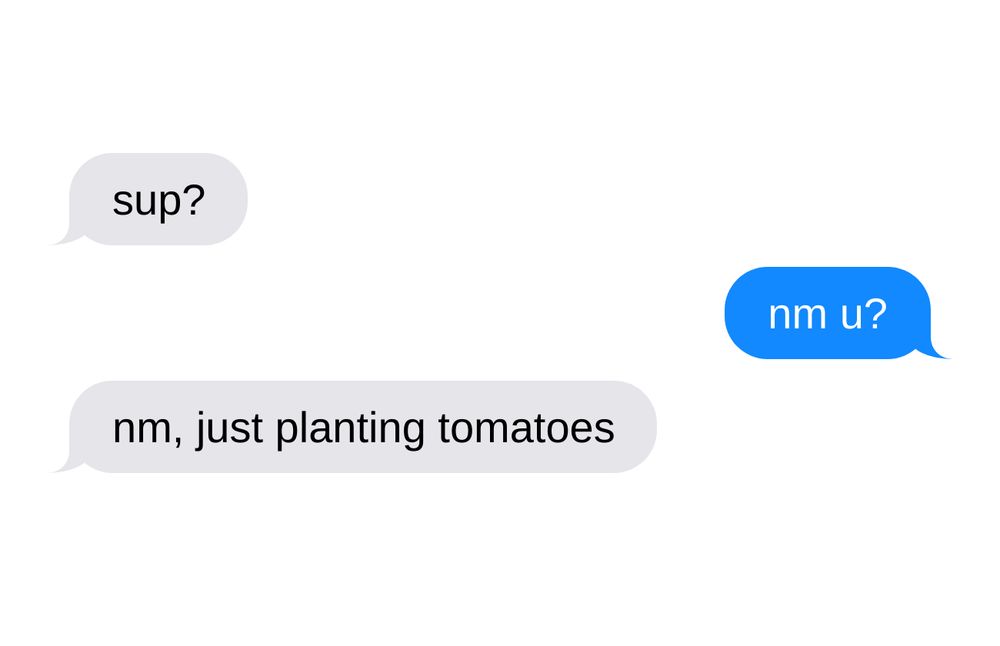 A: sup?
B: nm u?
A: nm, just planting tomatoes