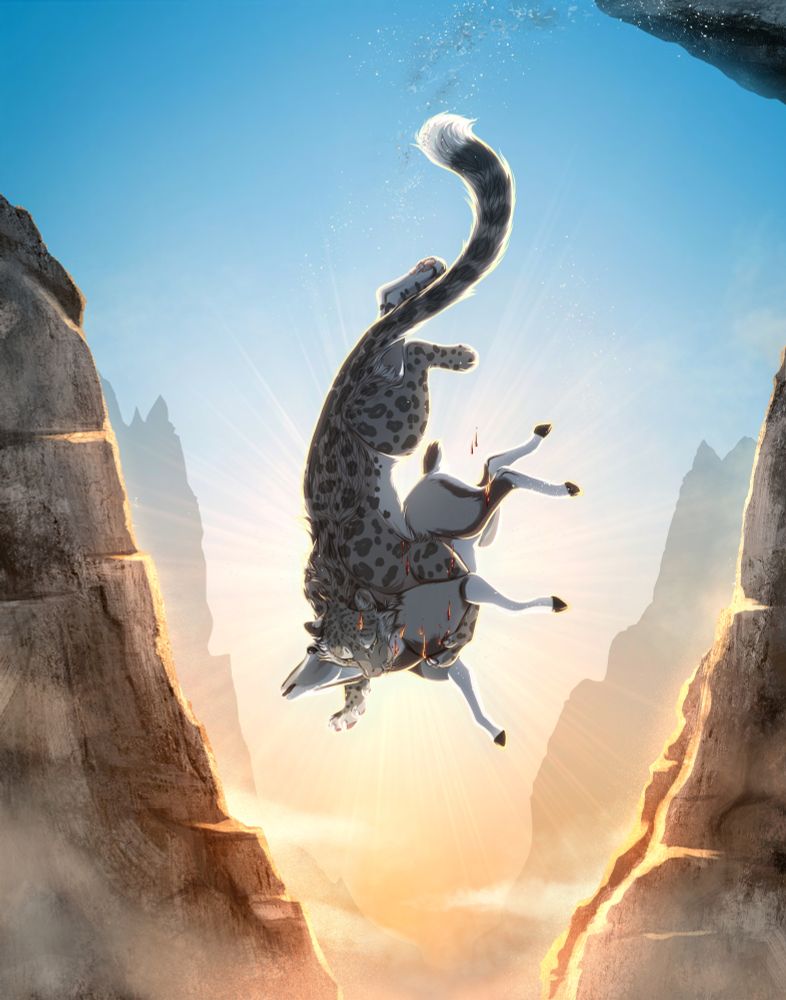 A snow leopard falls off a cliff, holding its prey, a mountain goat, in its claws and fangs. The steep Himalayan mountain range acts as a backdrop, with the sun hiding behind them illuminating the golden cliff faces. The snow leopard will survive this fall, as it has perfectly adapted to hunting in this way. The goat, however, will not be so lucky.