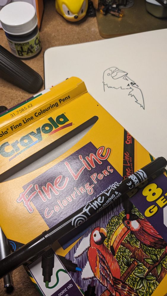 Crayola Fine Line Colouring Pens box, pen on top, partial ink drawing of a crow on paper above