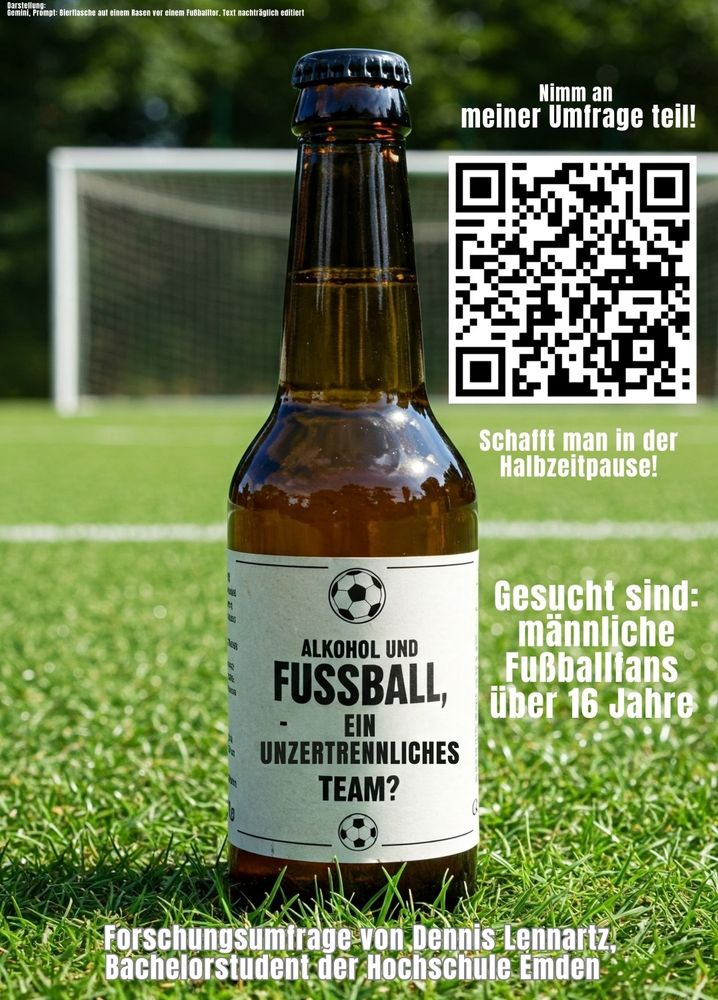 Darstellung: Werbung für meine Umfrage. Zu sehen ist eine Bierflasche die auf einem Rasen steht. Daneben steht dass männliche Fußballfans über 16 Jahren gesucht sind. Darunter steht der Name der Person, die Forschung durchführt.