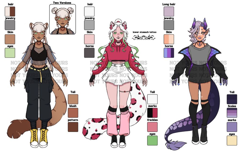 3 designs being auctioned
1 brown tiger girl with white ears and a work out outfit
1 pink and white Leopard girl with a more feminine outfit
1 Dragon girl with purple horns and hair, and a Kpop inspired outfit