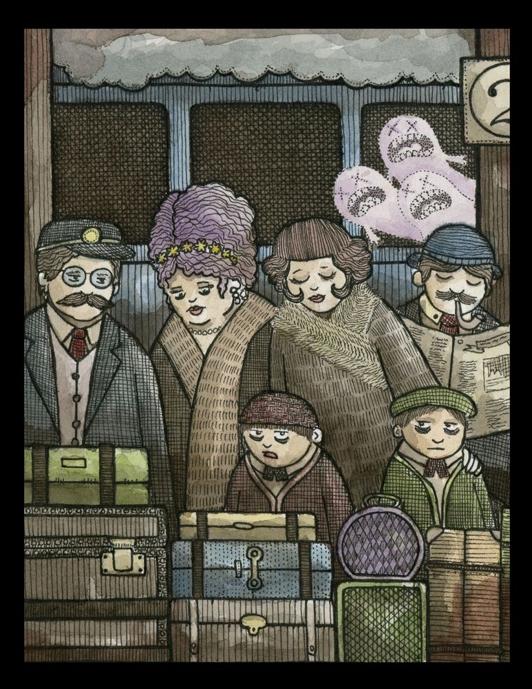 Train stations are always fun to draw and paint. I do like the stipple effect on these ghosts. I should make more stipple ghosts. Two Brothers, Nicholas and Duane Were waiting to leave on a big, ugly train But the Train was haunted And the living not wanted But all the ghosts did was moan and complain