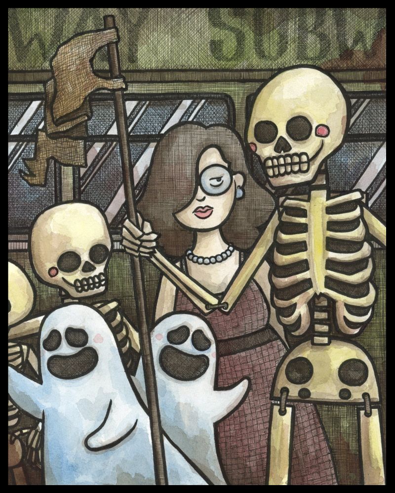 I’m not sure why I was so amused by the idea of skeletons and ghosts in the subway but the idea just was funny to me. The girl with glasses ended up looking a bit like Daria which I think is pretty funny