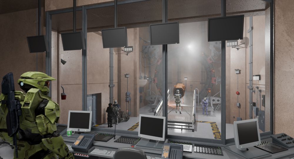 Master Chief stands behind a glass window looking out toward a Stargate that contains a US soldier talking to Captain Rex, two clone troopers moving a box, and a turian sitting by.
