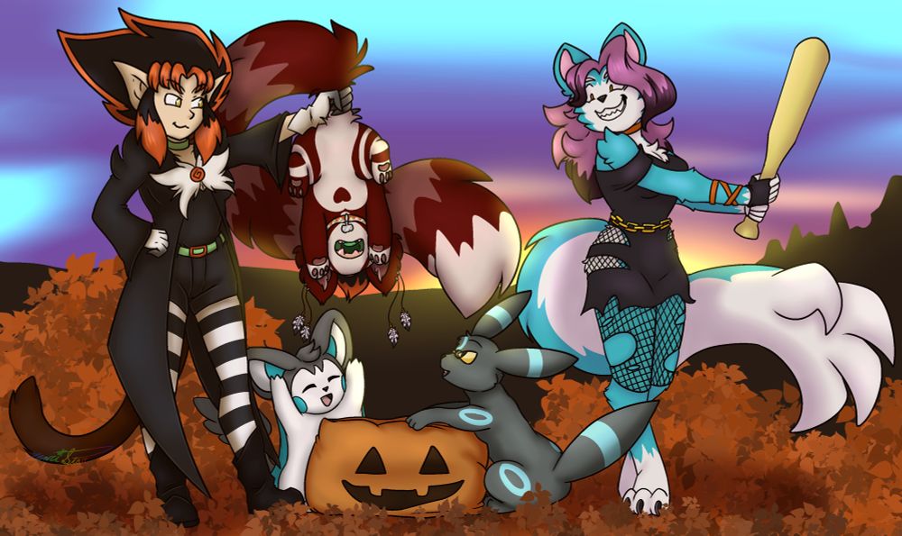 Bolt the Emolga cheering with Warster the Umbreon holding the bag that Fate is held over.