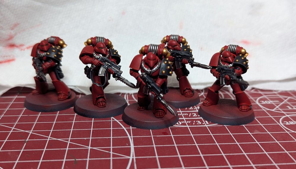 Five legion tactical marines in Mk VI power armor with bayonets, painted as Blood Angels for Horus Heresy 3rd edition