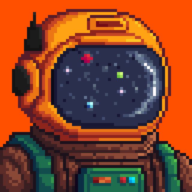 Pixel art portrait of an astronaut weaing a yellow helmet and a brown space suit with green harnesses and chest plate. The space helmet has a mirror-like visor reflecting the cosmos the astronaut inside is looking at.