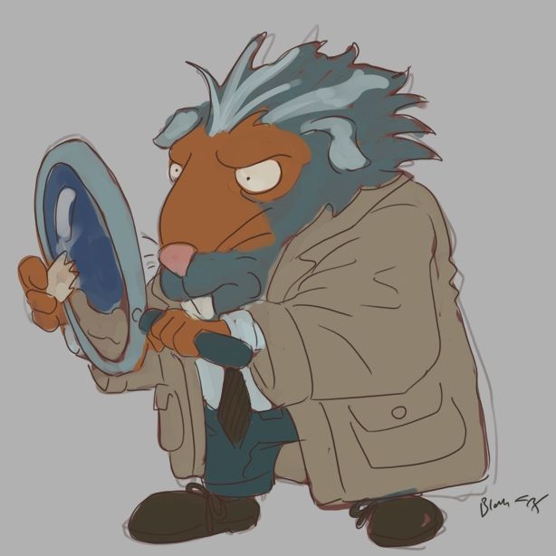 a brown and grey cartoon anthropomorphic guinea pig dressed as a detective investigating a clue with a big magnifying glass