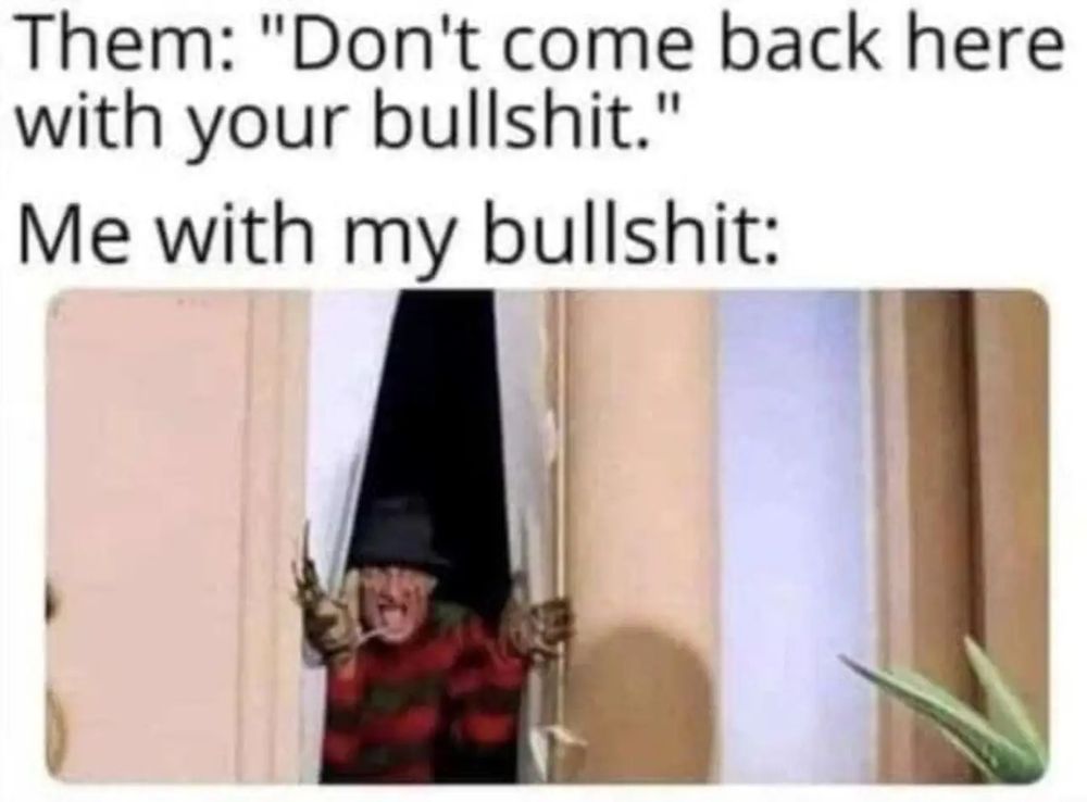 Caption: Them: Don't come back here with your bullshit."
Me with my bullshit:
Image: Freddy Krueger coming out from behind curtains with a big grin.