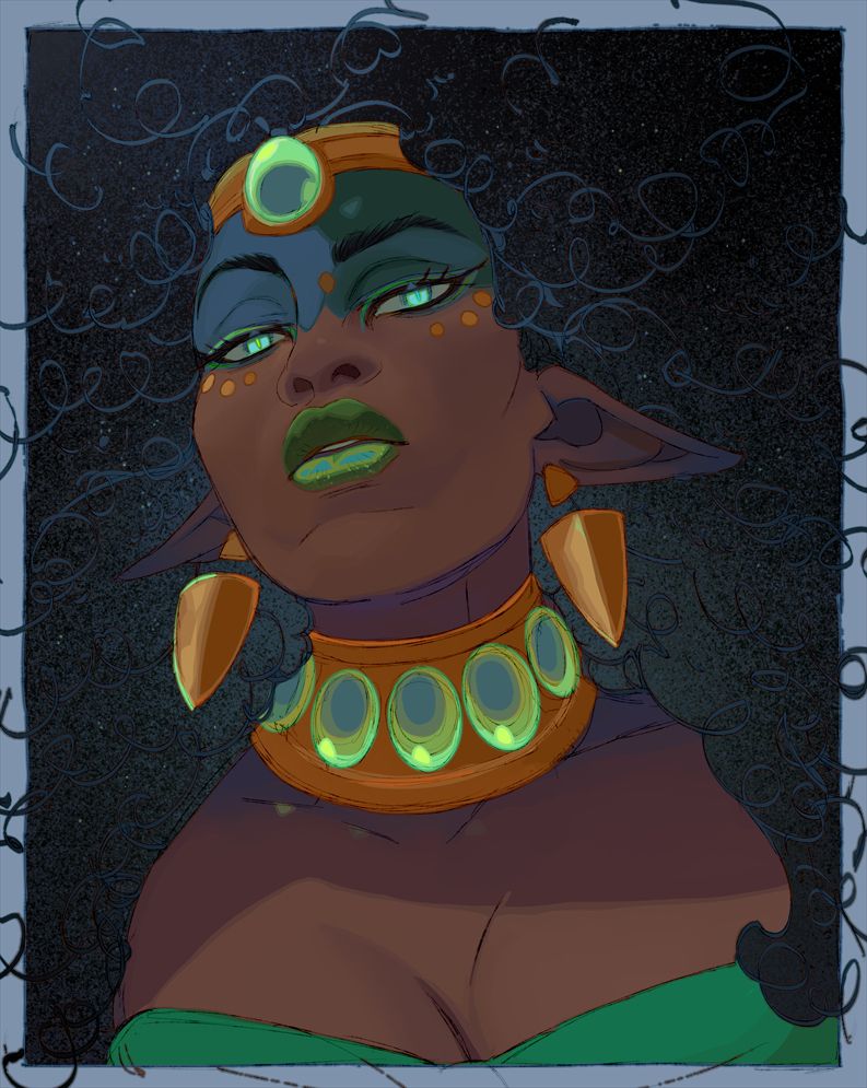 Portrait of a royal snake woman. She is wearing large gold earrings, choker and diadem. Her long hair frames the image. 