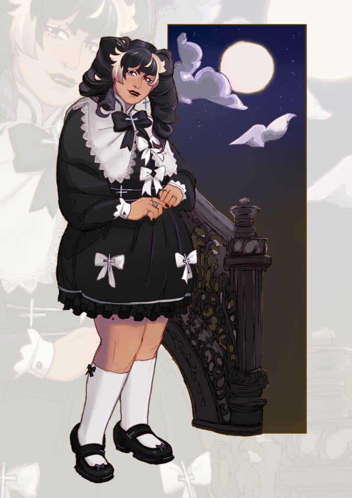 A chubby goth girl stands next to the handrail of an intricate staircase. Both lit by a big and bright full moon.