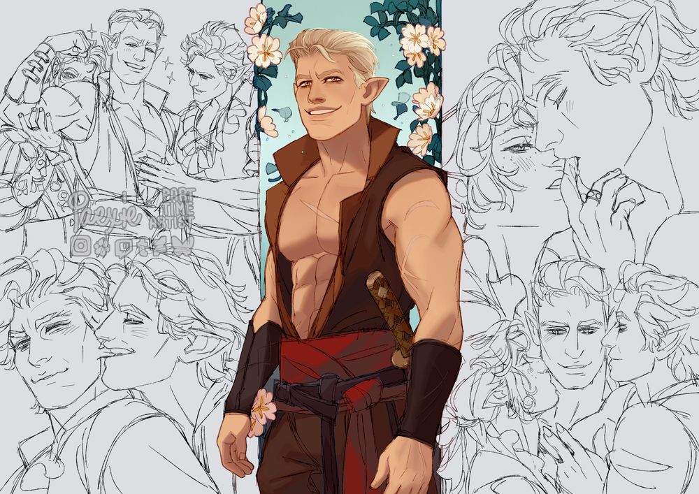 A colored half-body image of Angelus sits in the center surrounded by sketches of cute and sensual moments with Astarion and Averyll.