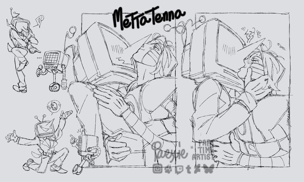 Tenna reacting to Mettaton's new look and loving it after realizing it's them. The same characters engaging in canoodling. The kiss creates static and rainbow waves.
