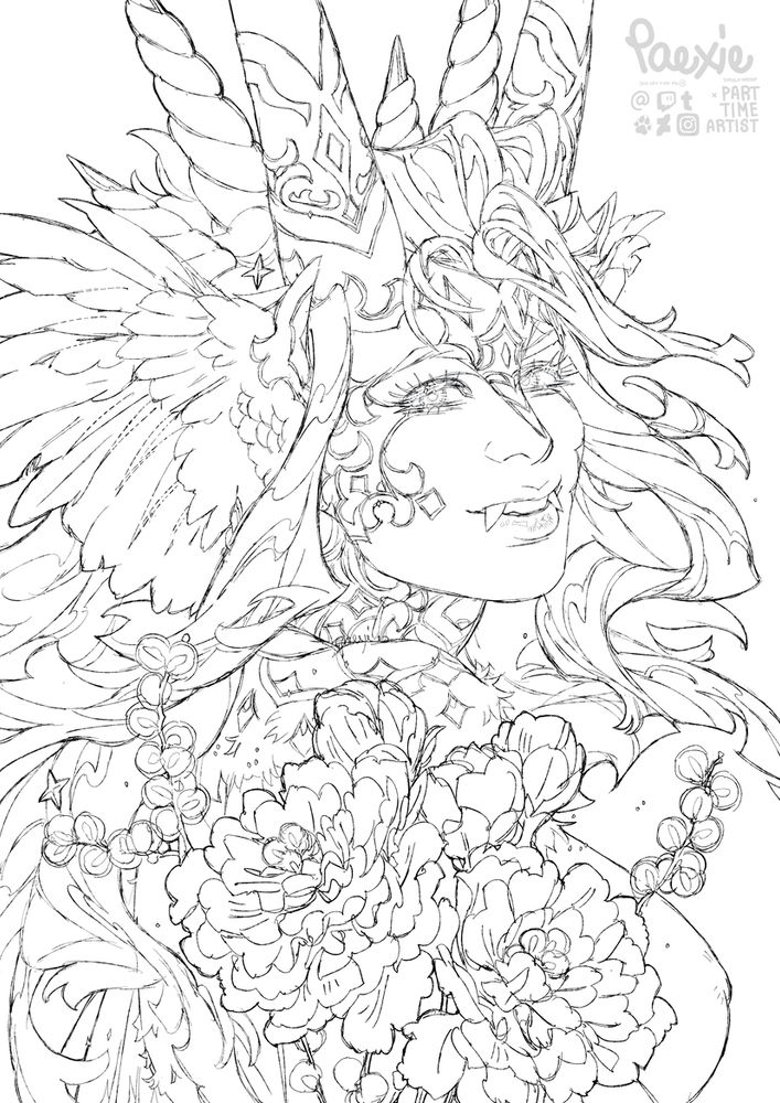 Portrait of a gilded being with multiple horns and wings for ears along with an arrangement of peonies and pussy willows. The original character's name is Elysium and belongs to Sleepybears at Toyhouse.