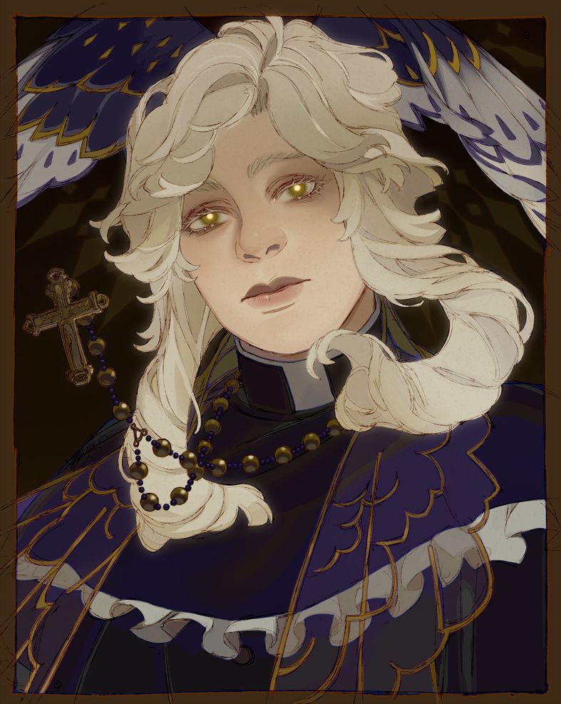Portrait of an angel whose shining eyes are focused on the viewer. Their rosary's cross hangs in the air.