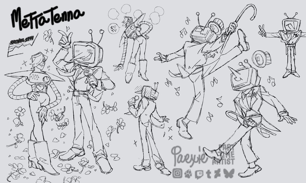 Characters Mettaton from Undertale and Tenna from Deltarune drawn in various poses showing some of their chemistry and Tenna's dancing and T posing.