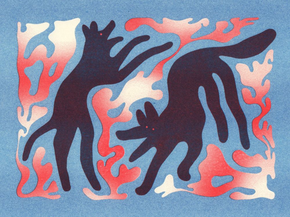 An illustration risograph print of two dogs frolicking in the mist