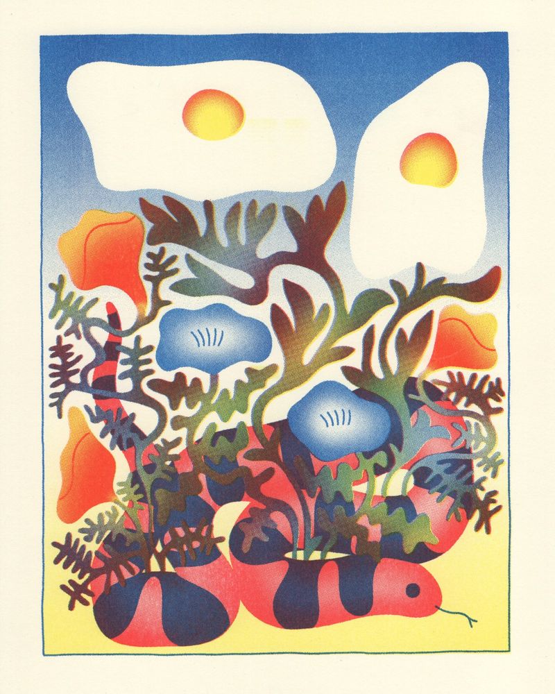 An illustration risograph print of a California king snake slithering under native southern California flowers. Some of the flowers look like eggs!