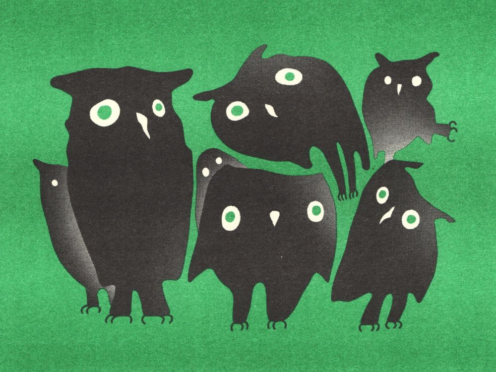 An illustration risograph print of a handful of strange, dark owls all looking wide-eyed at you.