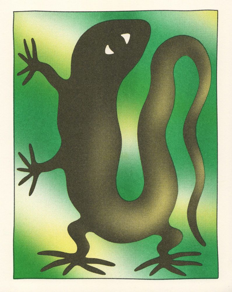 A risograph illustration print of a wiggly lizard