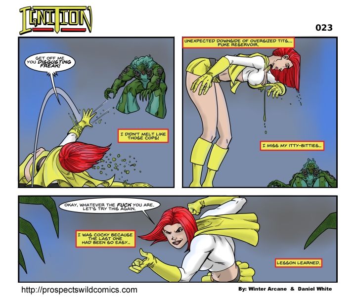 Ignition frees herself from the monster, tossing him aside. She drains the monster vomit (last strip) from her cleavage,  and prepare to fight. 