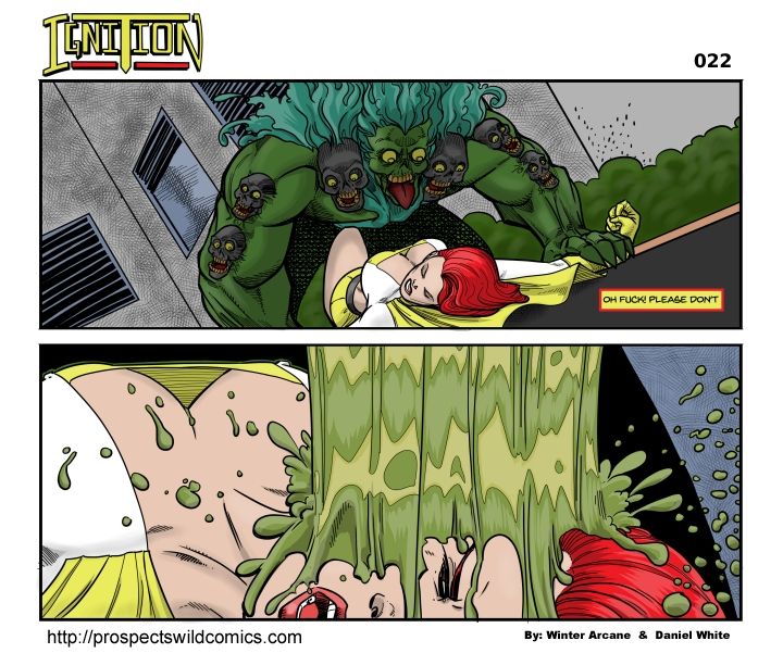 Zombie goo monster has Ignition pinned, and vomits on her.