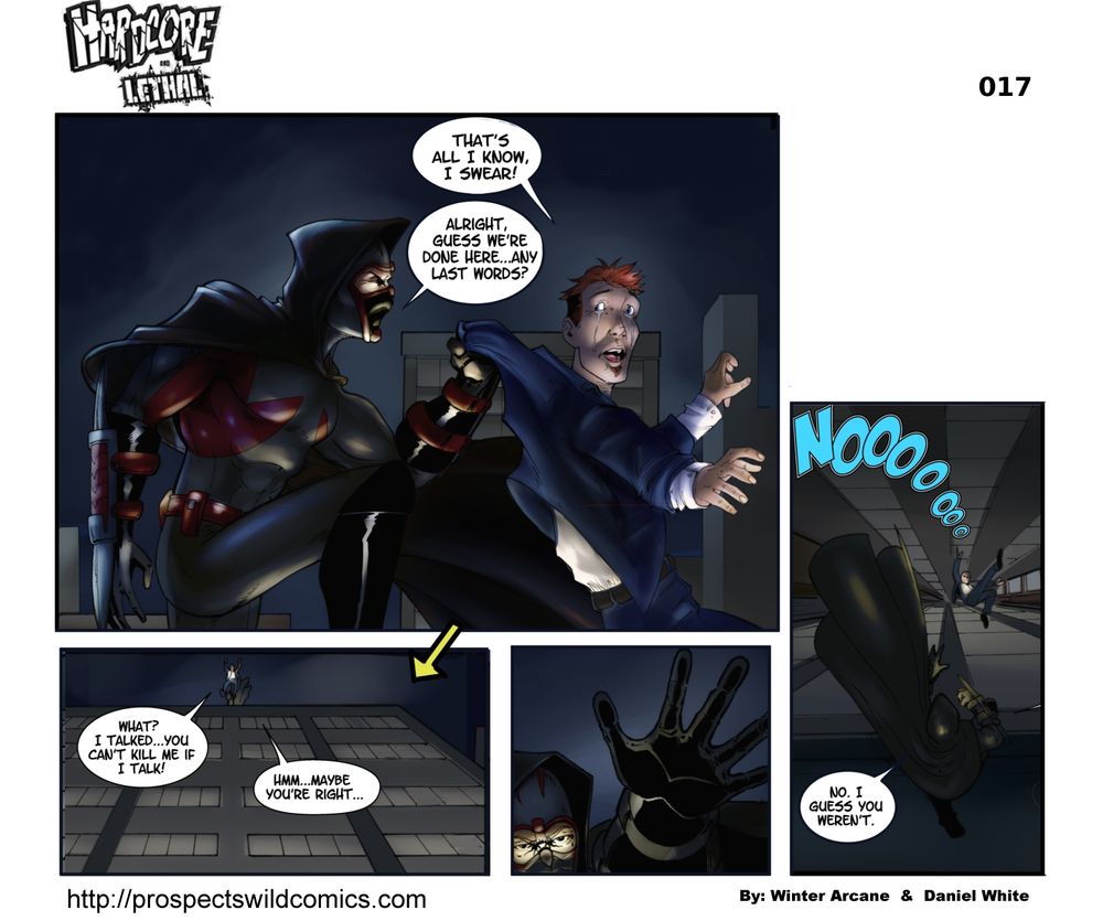 Talon holds a criminal over the ledge of a building. After getting the information he wanted he lets the criminal fall.